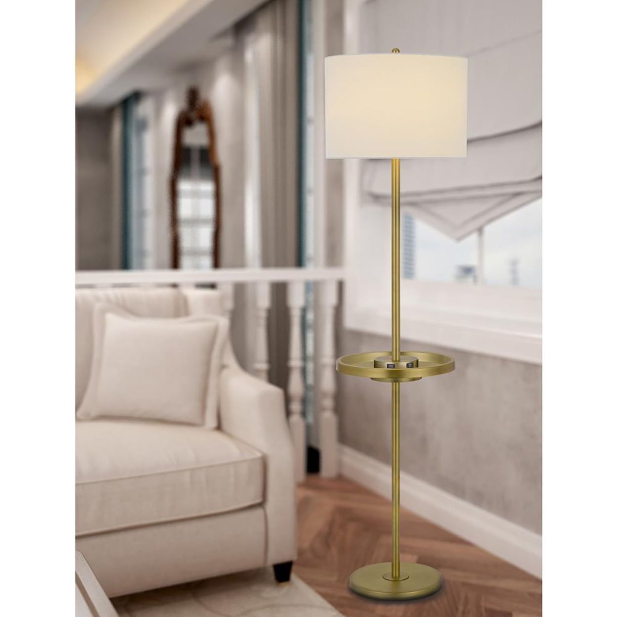 Antique Brass Floor Lamp with Tray Table and USB Ports