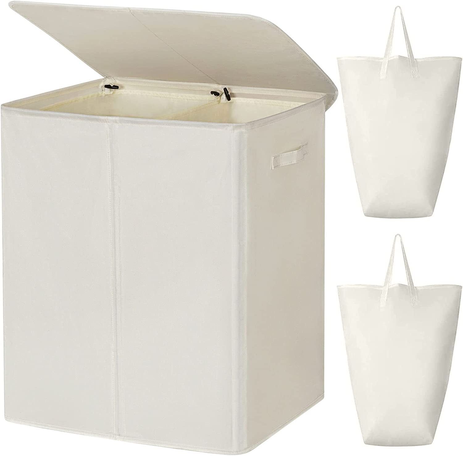 Beige Collapsible Double Laundry Hamper with Lid and Removable Bags