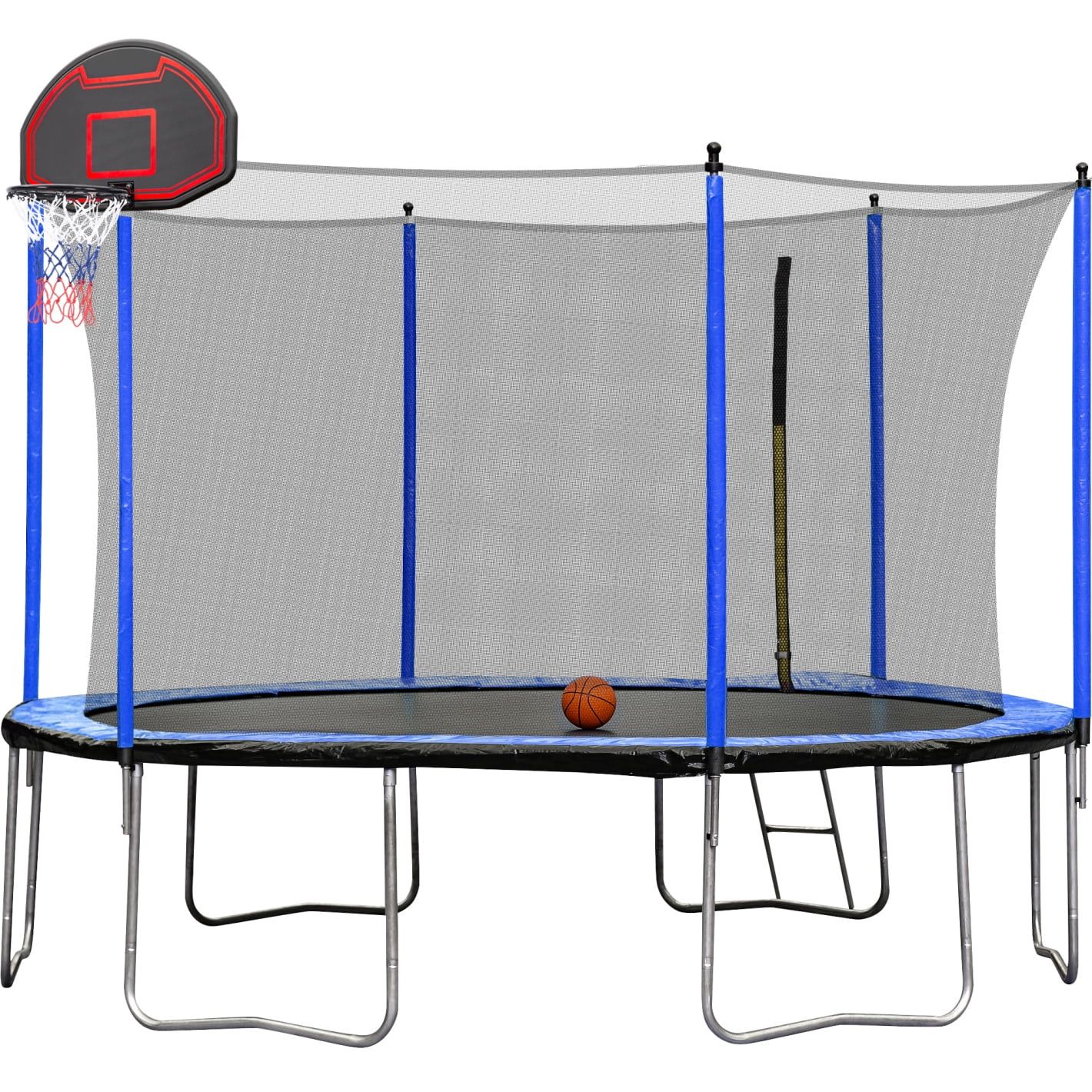 15FT Blue Round Outdoor Trampoline with Enclosure and Basketball Hoop