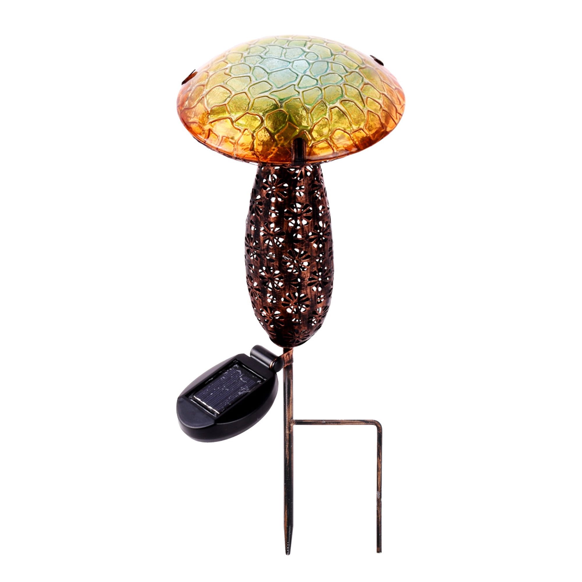 Yellow and Green Metal and Glass Solar Mushroom Stake with LED