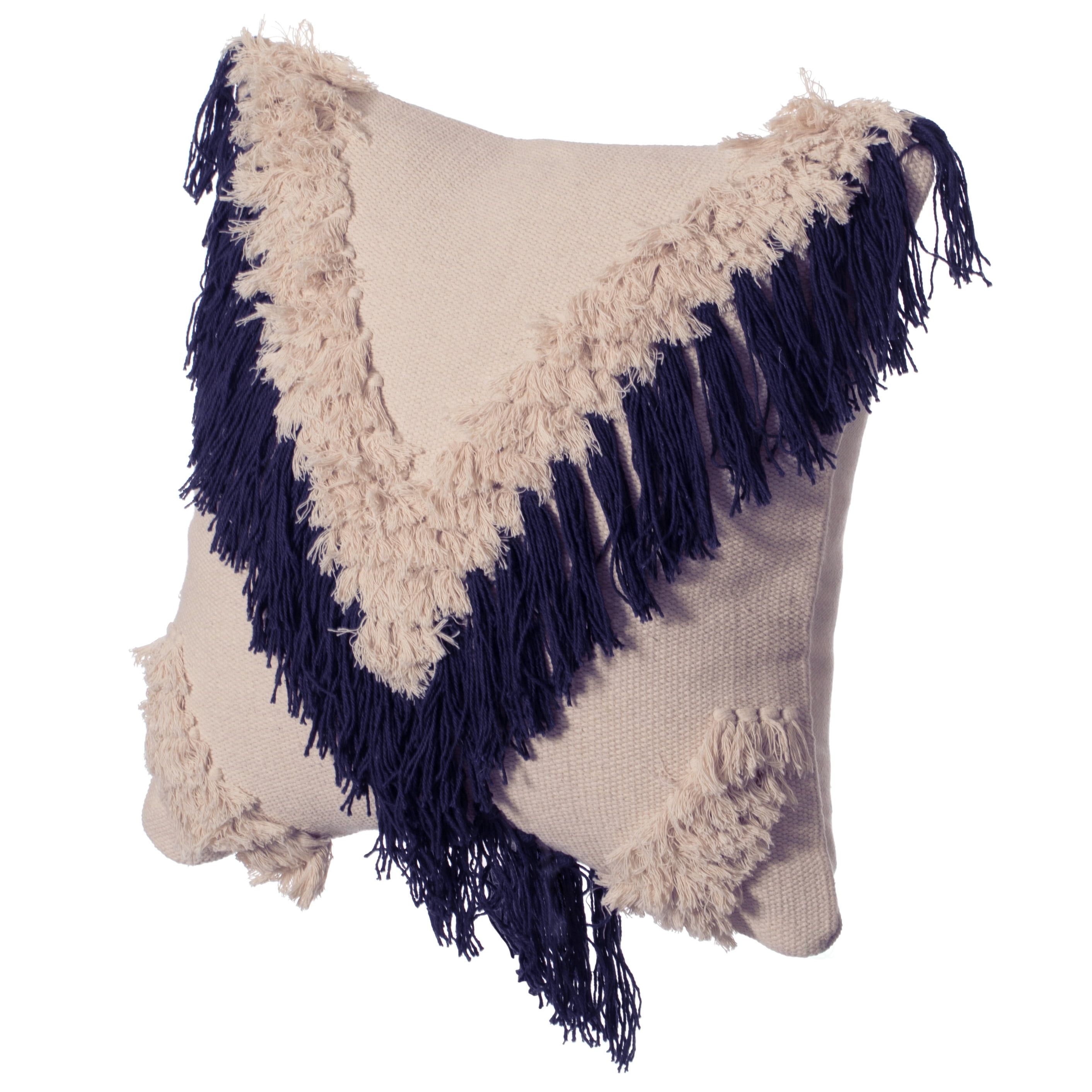 16" Navy Handwoven Cotton Euro Throw Pillow Cover with Embossed and Fringed Crossed Line