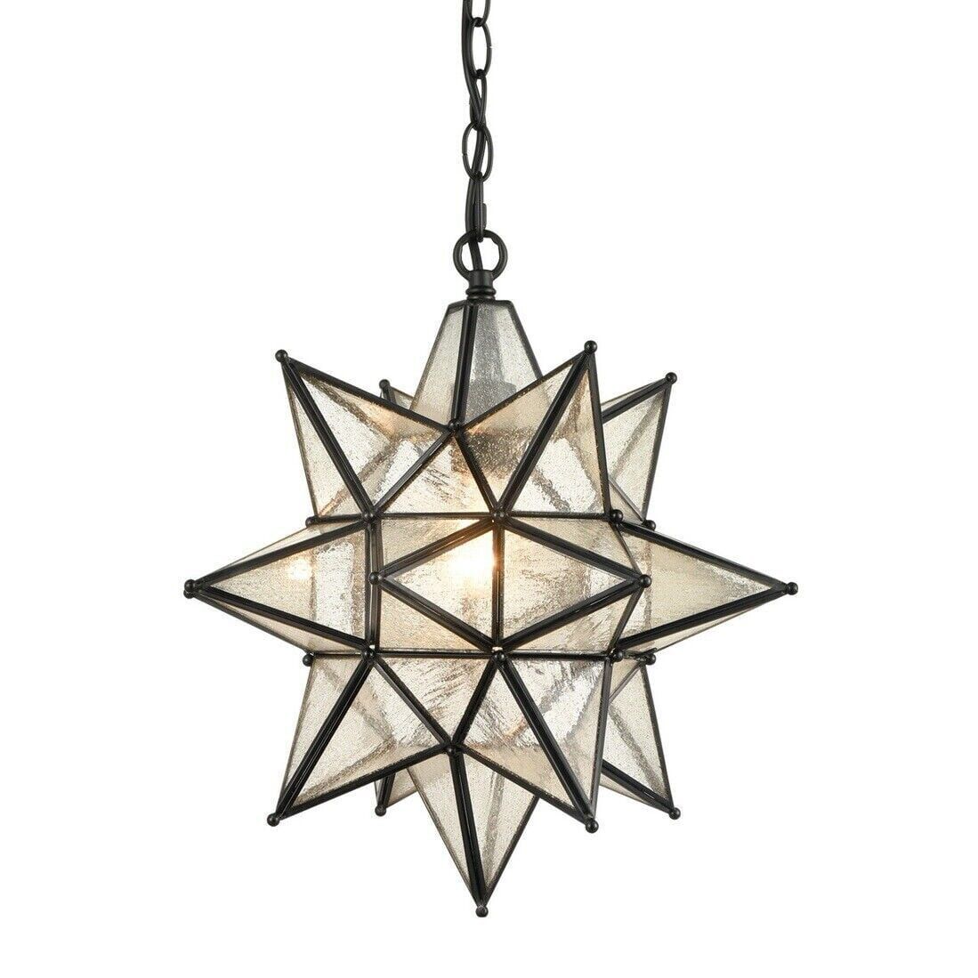 Black Geometric Metal Moravian Star Pendant Light with Seeded Glass Shade