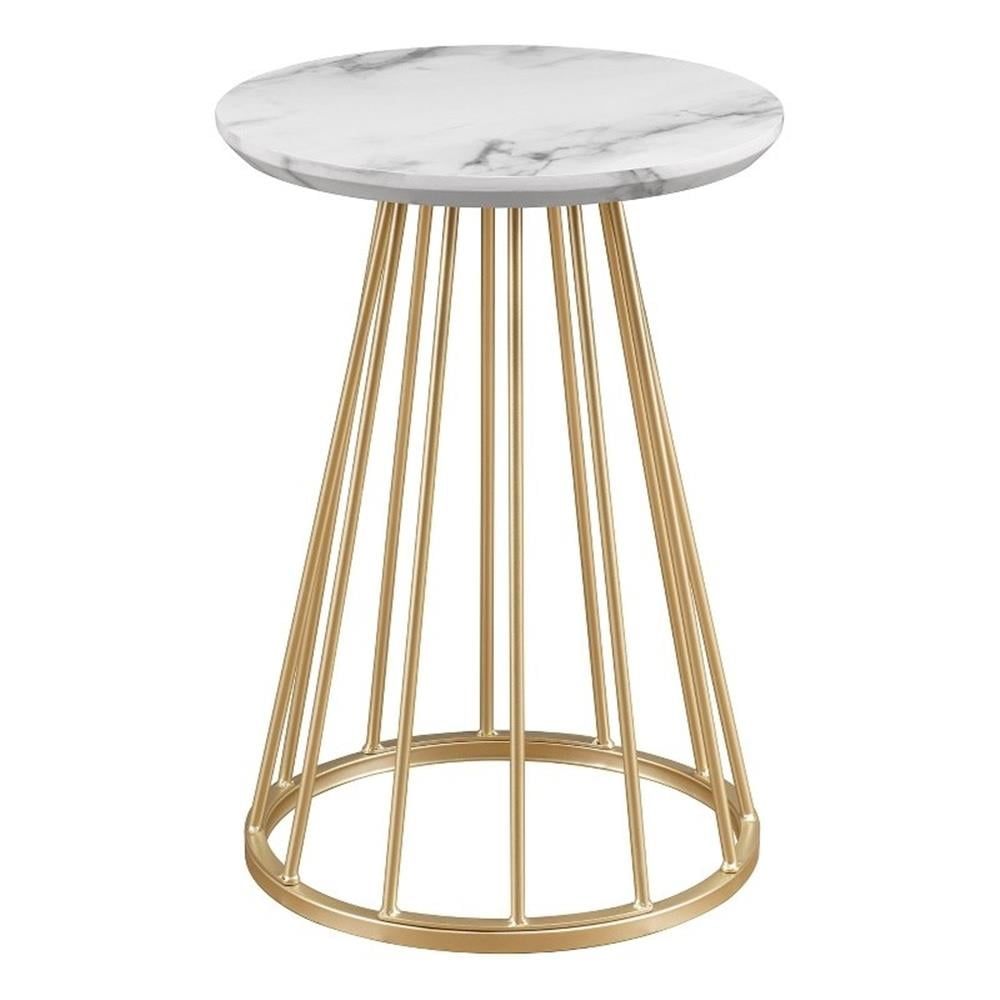 16" Faux White Marble and Gold Round Side Table with Metal Base