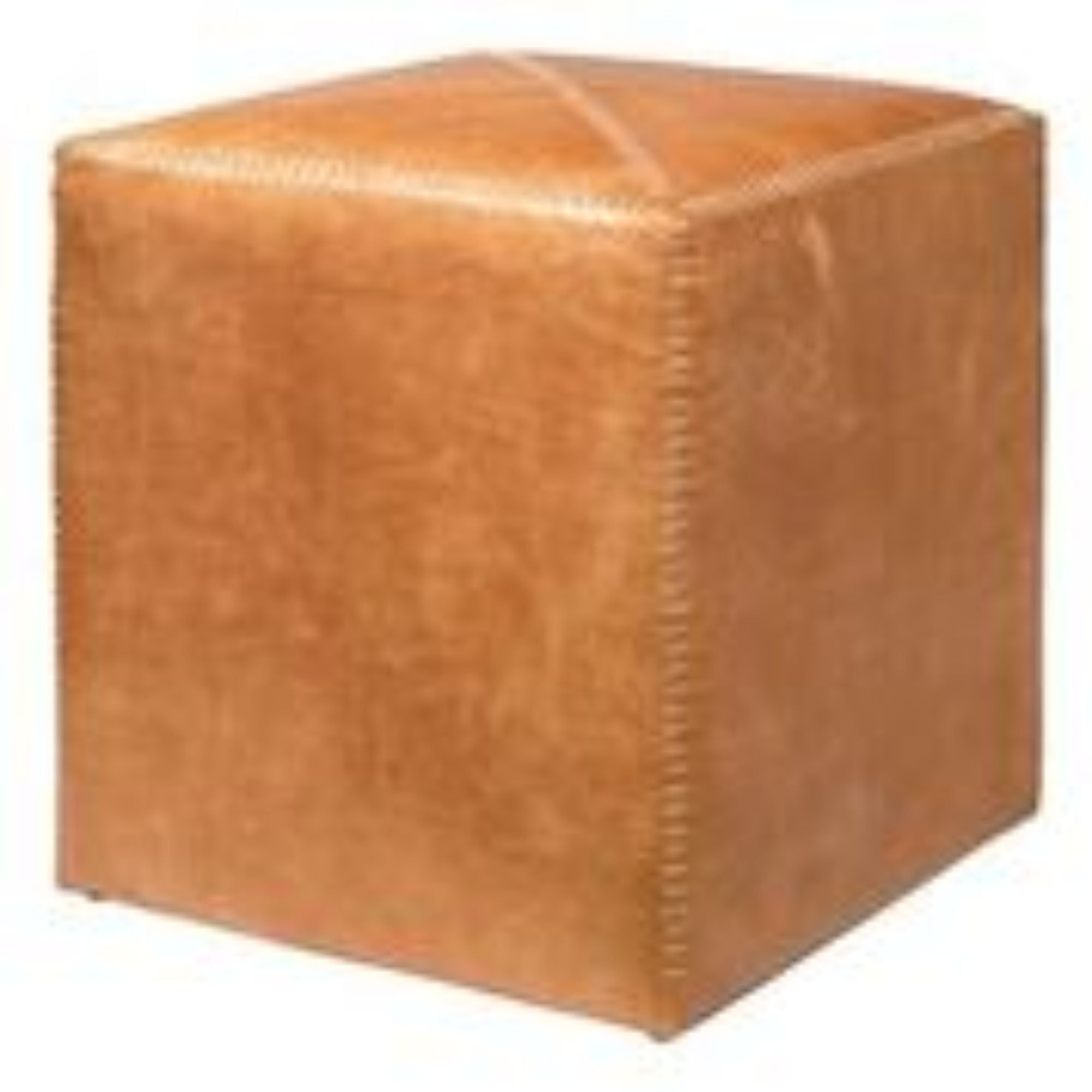 Small Buff Brown Leather Ottoman with Whipstitch