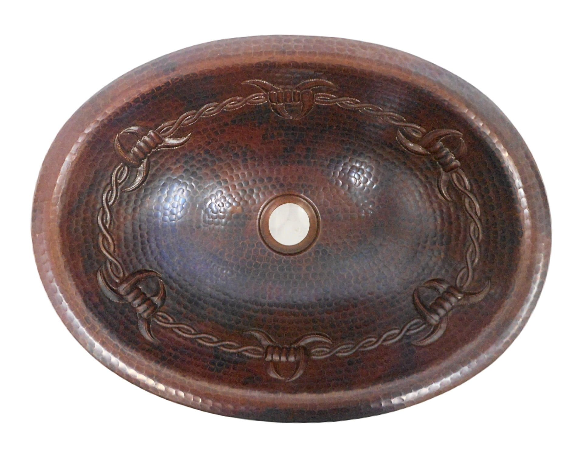 16" Oval Hand-Hammered Copper Bathroom Sink with Barbed Wire Design