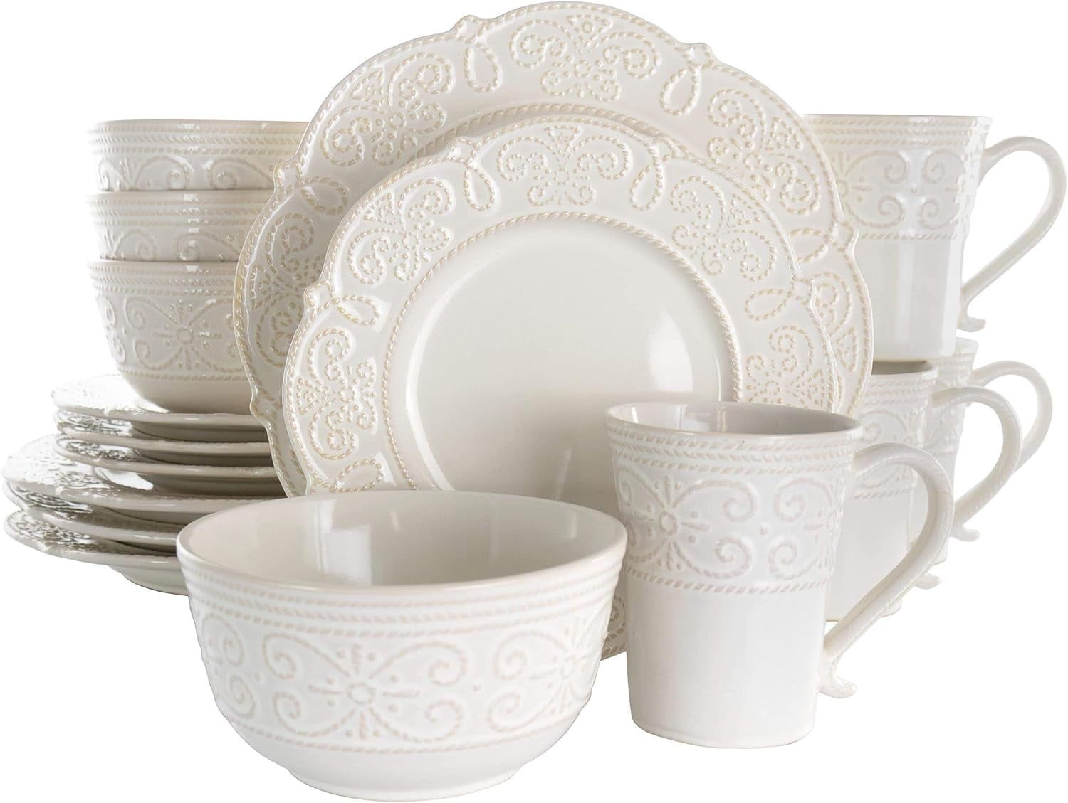 White Embossed Scalloped Ceramic 16-Piece Dinnerware Set