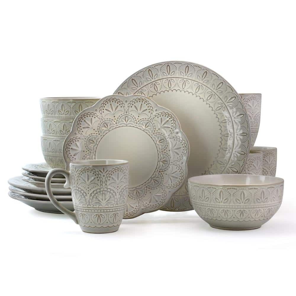 White Embossed Lace 16-Piece Ceramic Dinnerware Set