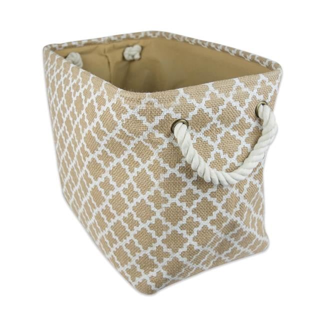 Medium White and Beige Burlap Lattice Storage Bin