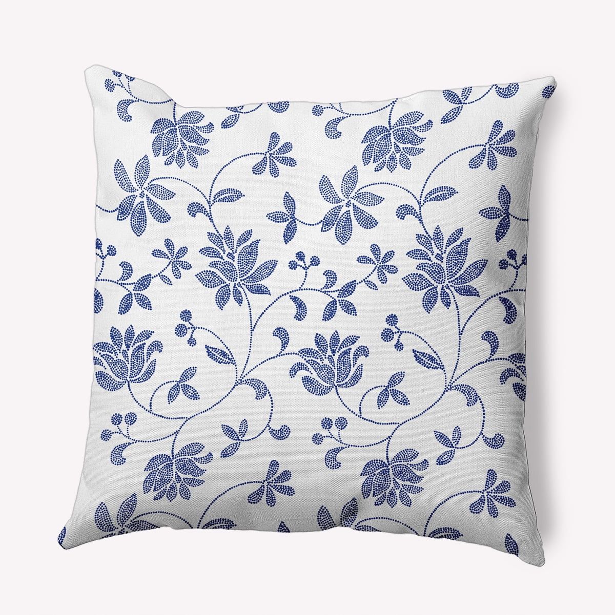 16" Porcelain Blue Floral Polyester Accent Pillow