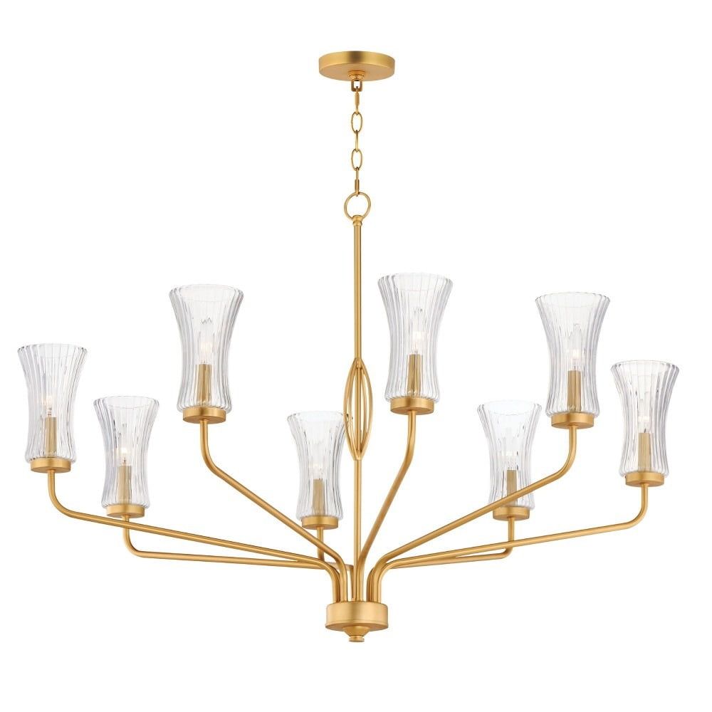 Natural Aged Brass 8-Light Chandelier with Clear Ribbed Glass Shades