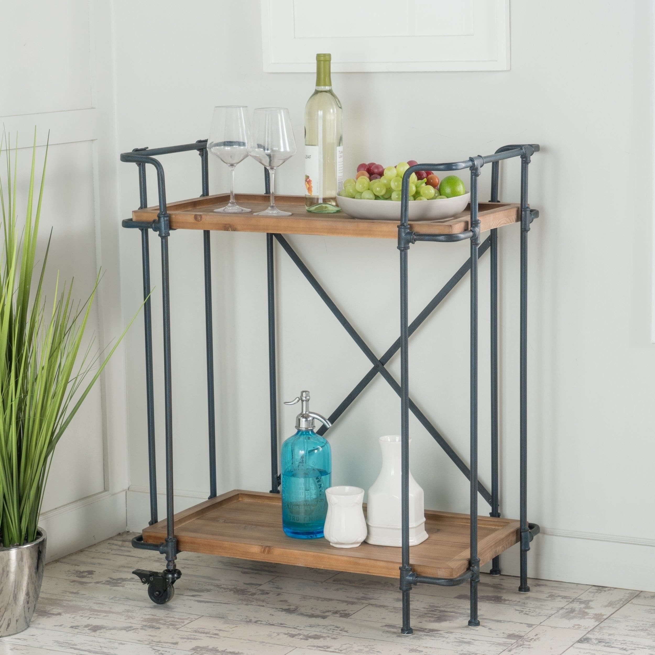 Antique Natural Firwood and Iron Bar Cart with Storage