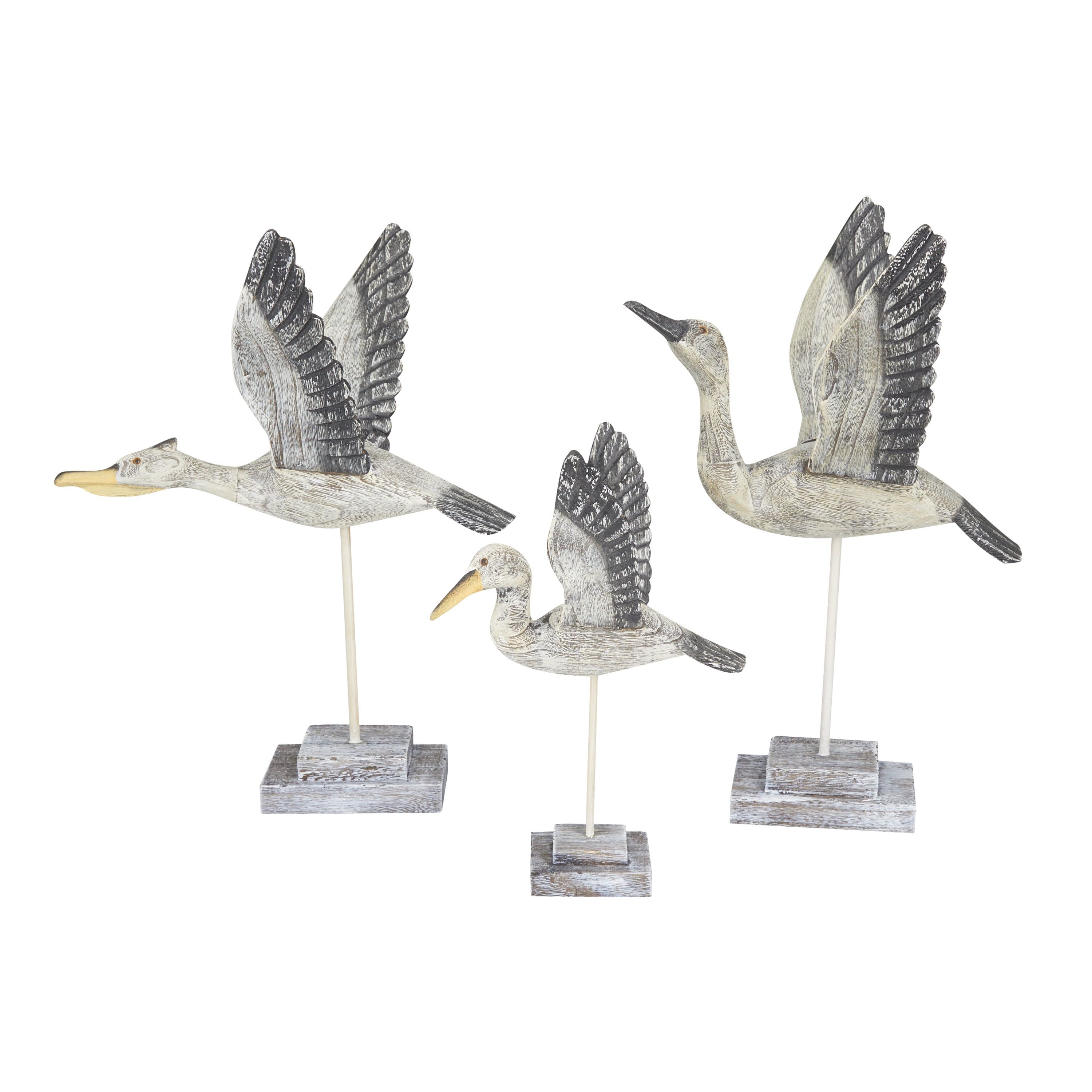 Coastal Pine Wood Bird Sculptures Trio, Medium Gray Finish