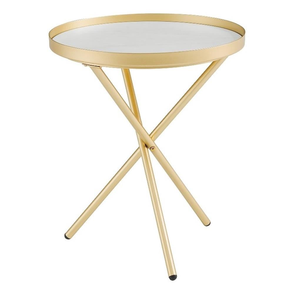 18" Gold and Gray Marble Round Side Table with Metal Legs