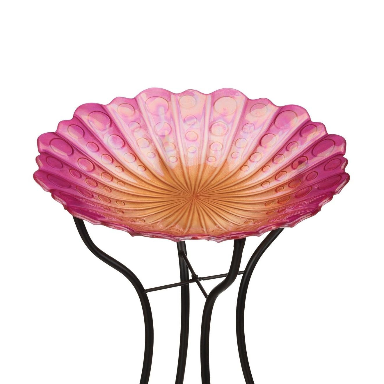 Pink and Yellow Iridescent Glass Birdbath with Stand