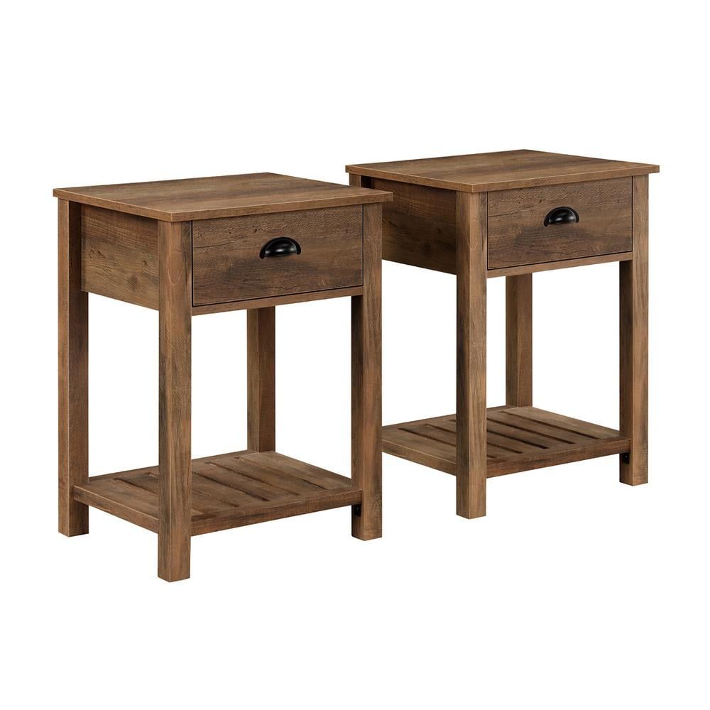 18" Rustic Oak Wood and Metal Nightstand with Storage