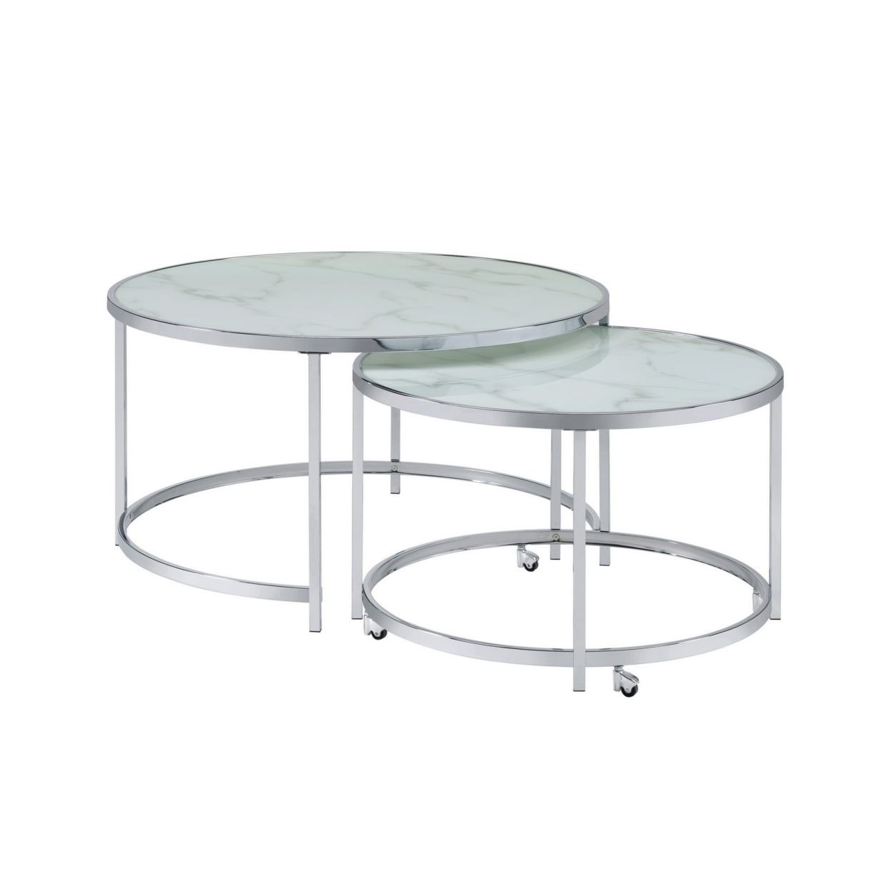 Elegant Marbled Glass & Chrome Silver Round Nesting Tables, Set of 2