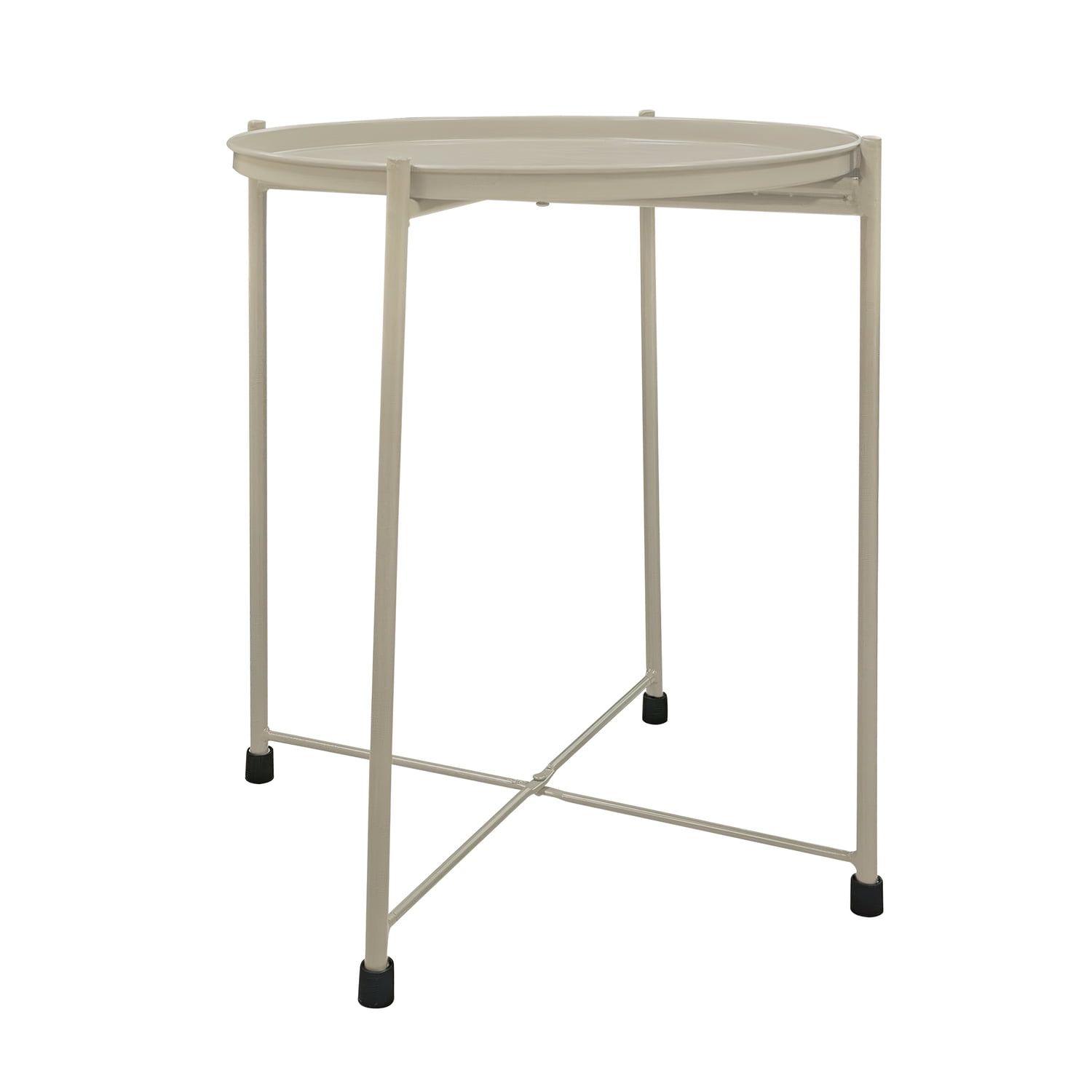 Beige 18" Round Metal Tray Top Foldable Side Table