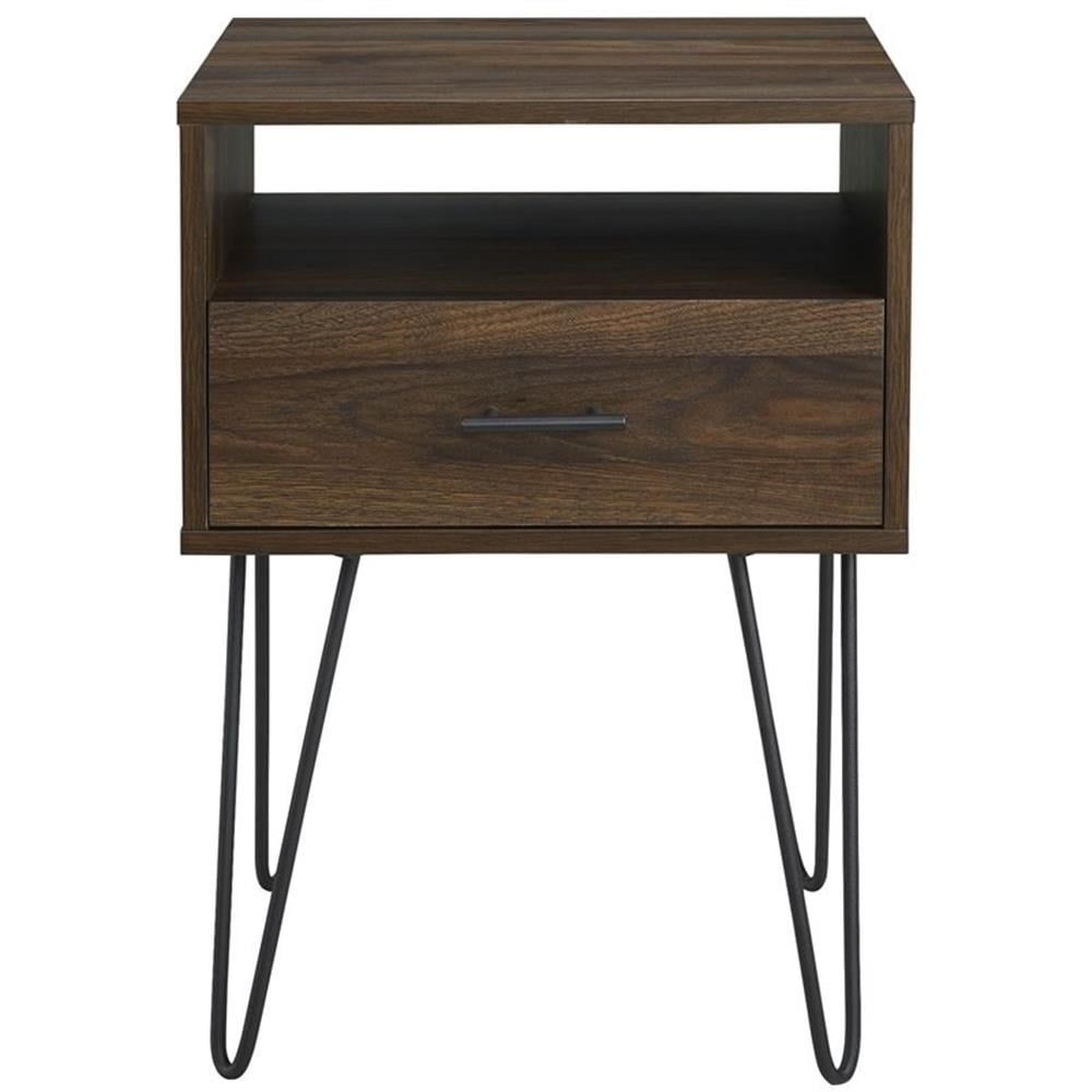 Contemporary Dark Walnut Hairpin Leg Side Table with Drawer