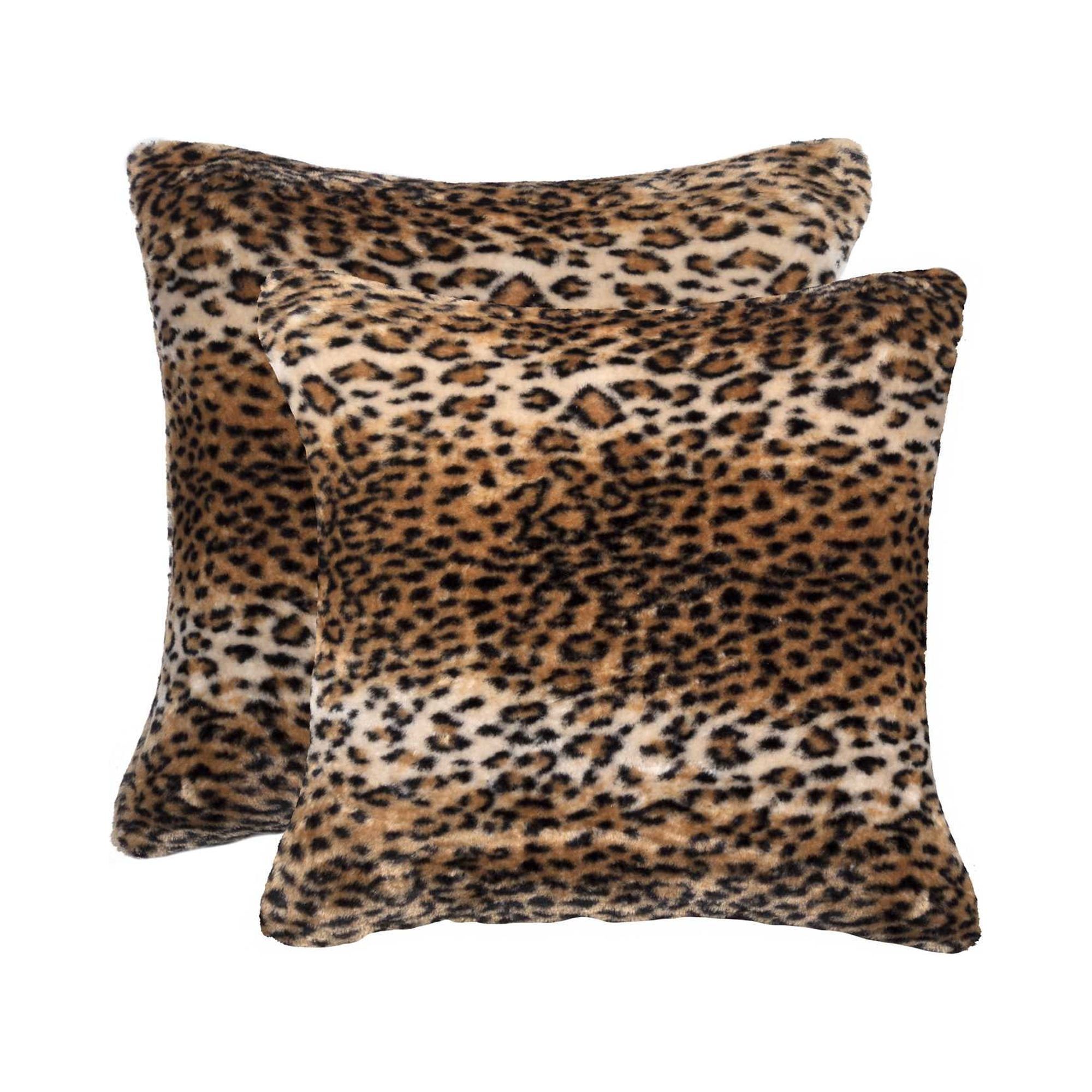 18" Leopard Print Faux Fur Square Pillow Set