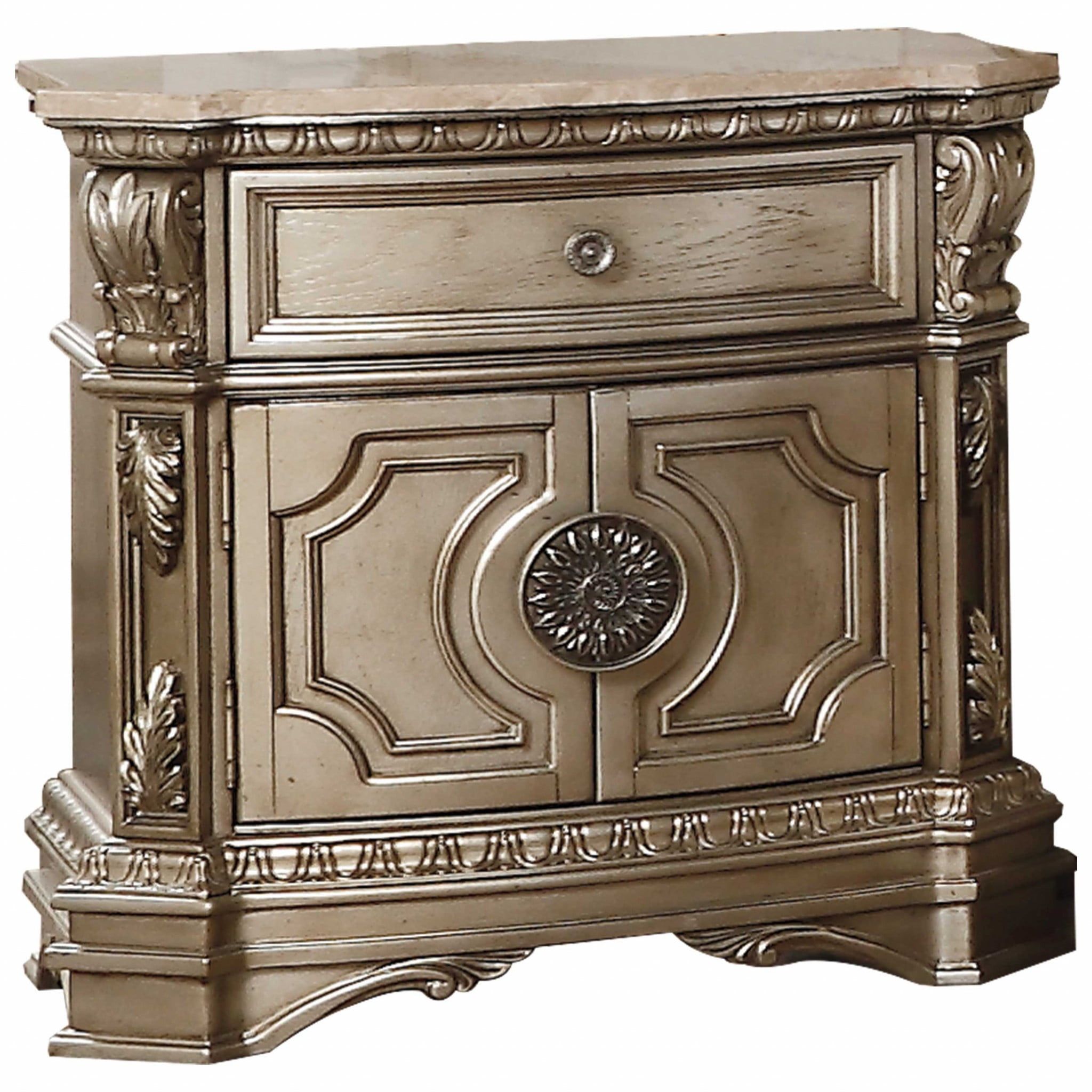 Champagne Elegance Antique-Style Nightstand with Marble Top