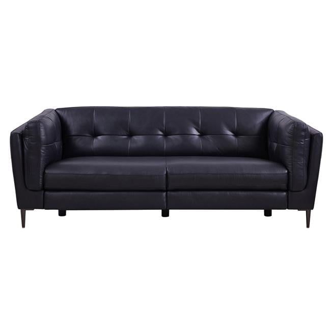 Navy Tufted Leather Power Reclining Sofa with Wood Frame