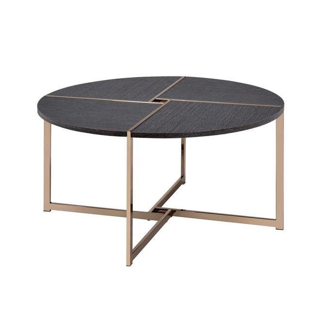 Contemporary Round Wood & Metal Coffee Table with X-Shape Base, Gold & Gray