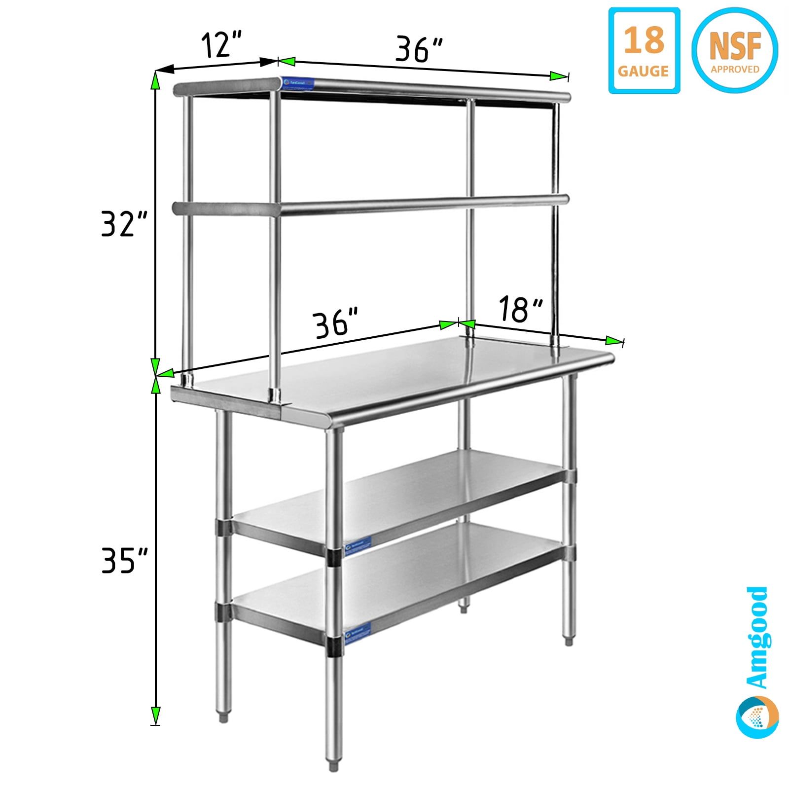 Stainless Steel Work Table with Double Tier Overshelf