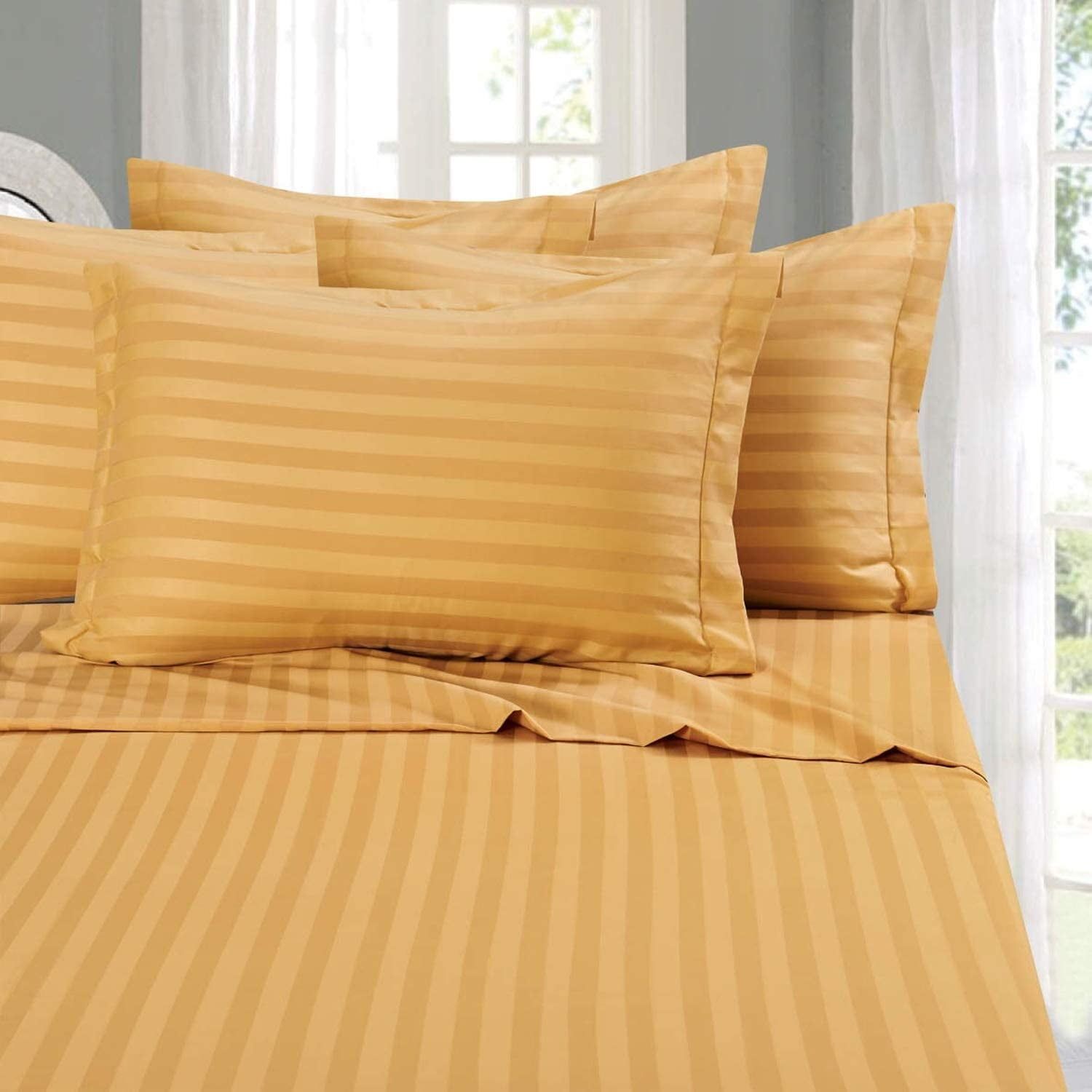 King Gold Damask Stripe 6-Piece Cotton Microfiber Sheet Set