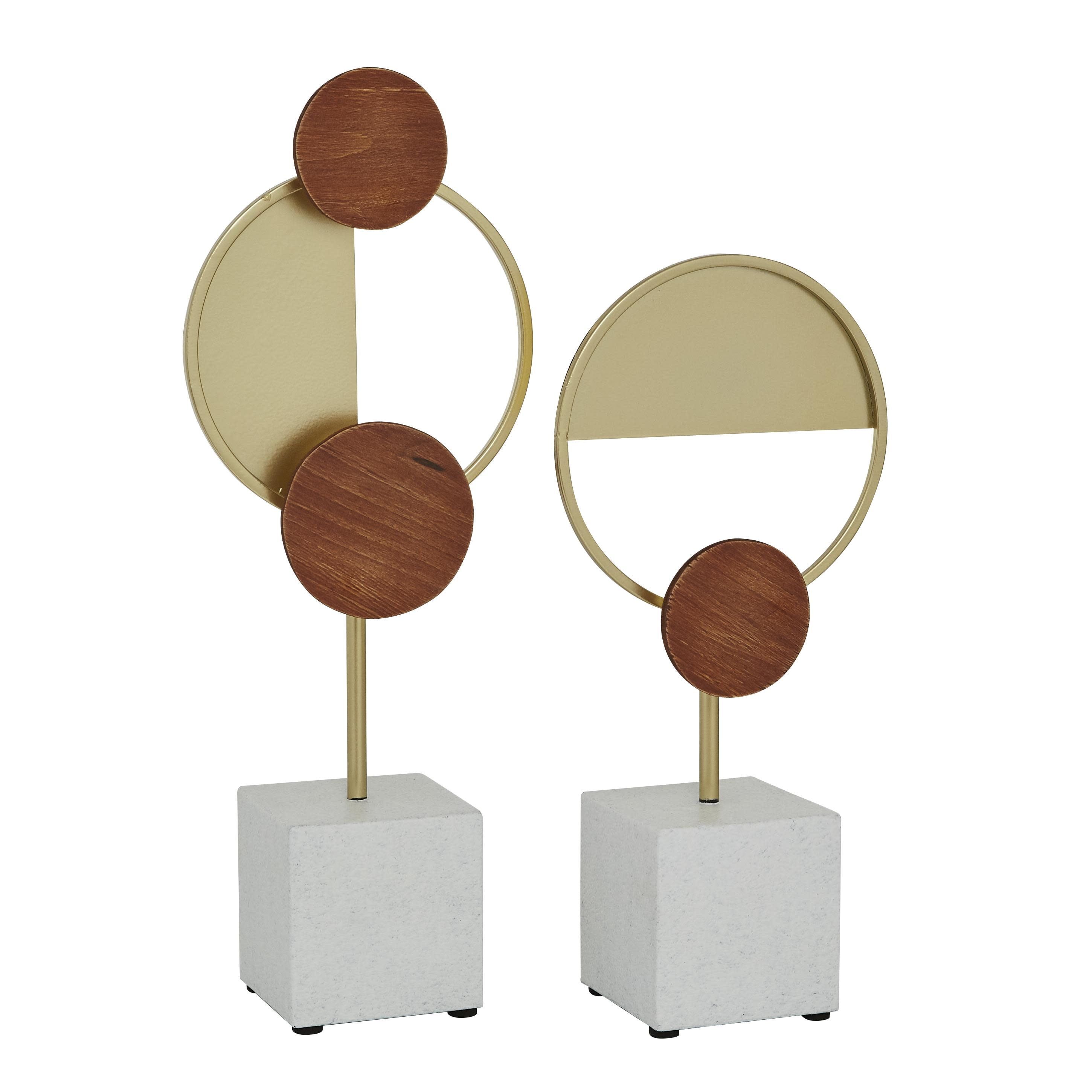 Gold Metal and Wood Geometric Sculpture Set, 19" and 15"H