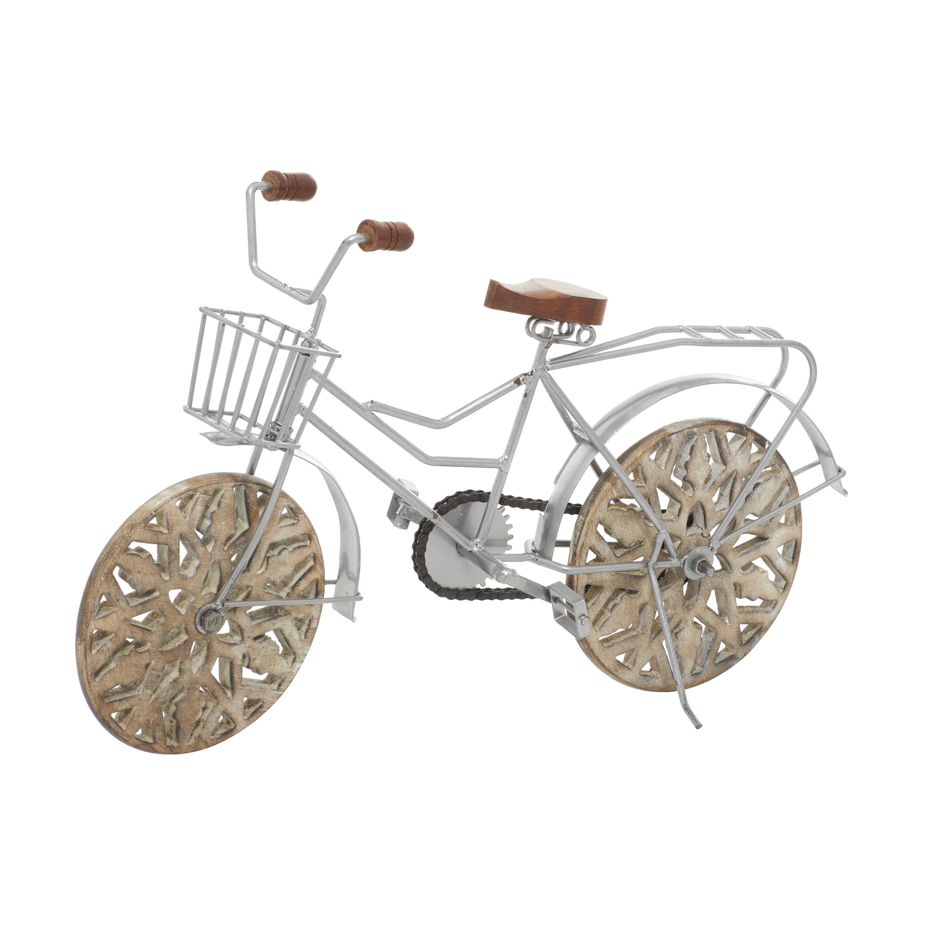 Silver Metal Bike Sculpture with Carved Wood Wheels