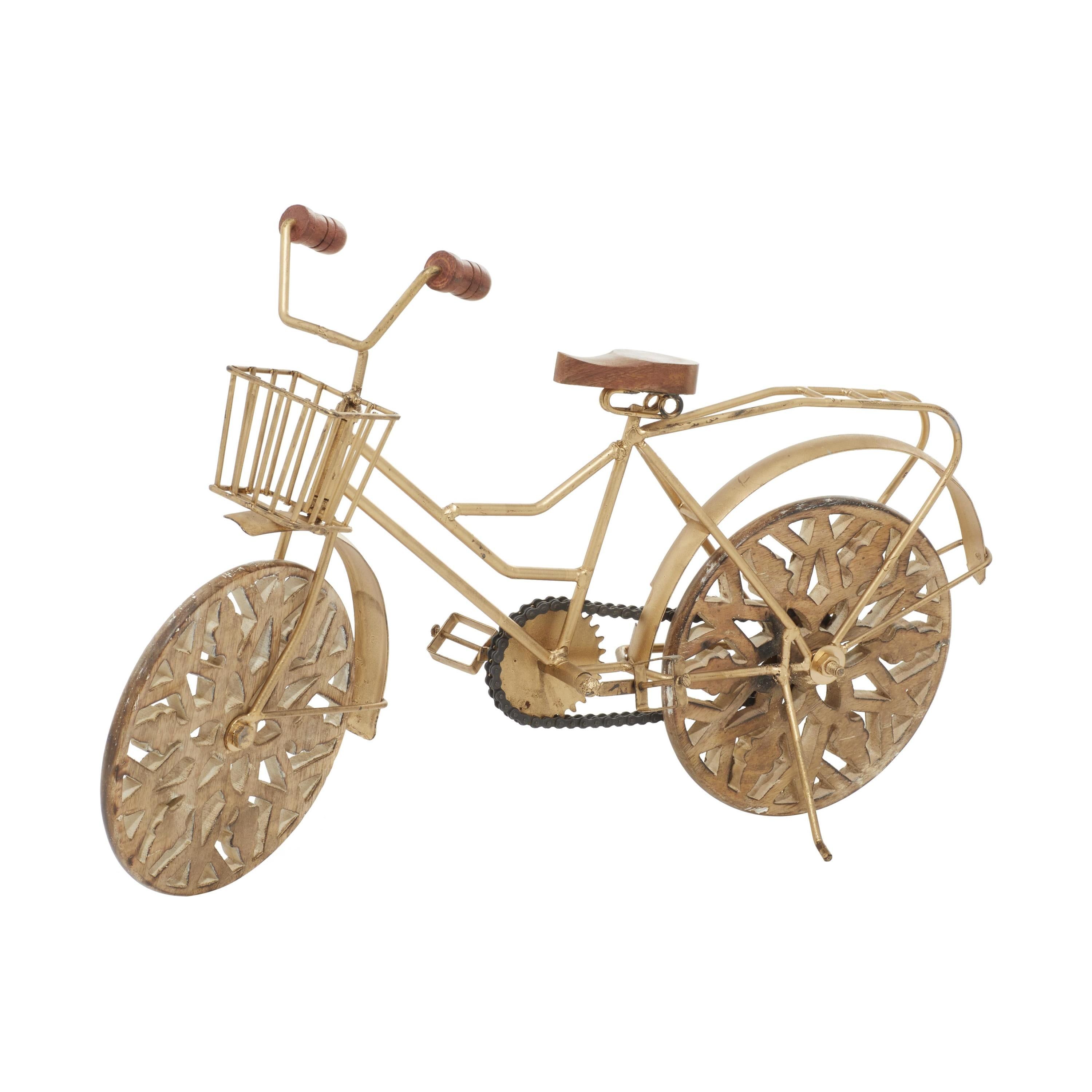 Gold Metal Bike Sculpture with Carved Wood Wheels, 19" x 12"