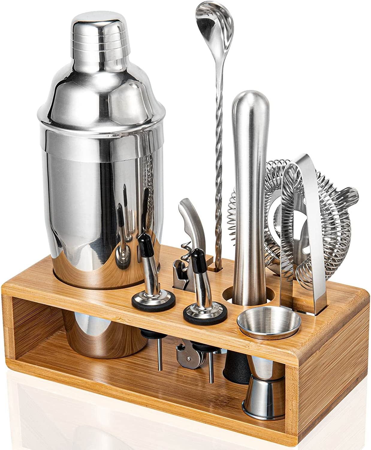 Silver Stainless Steel Bartending Set with Bamboo Rack