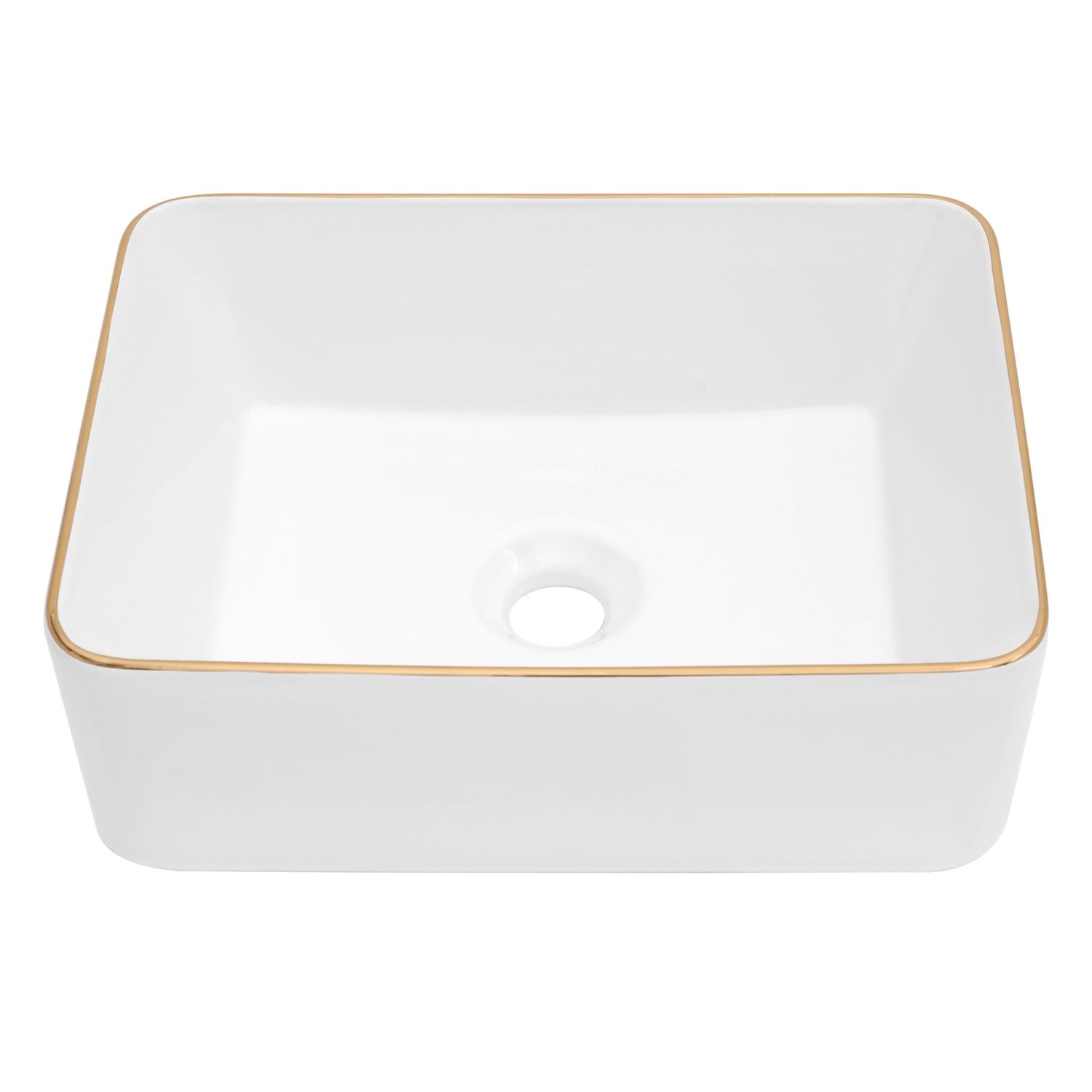 19x15 Inch White Ceramic Rectangular Vessel Bathroom Sink with Gold Trim