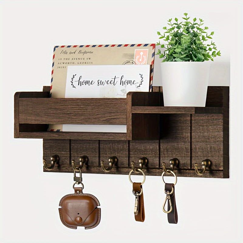 Rustic Brown Wooden Wall Mounted Key Rack with Shelf and Hooks