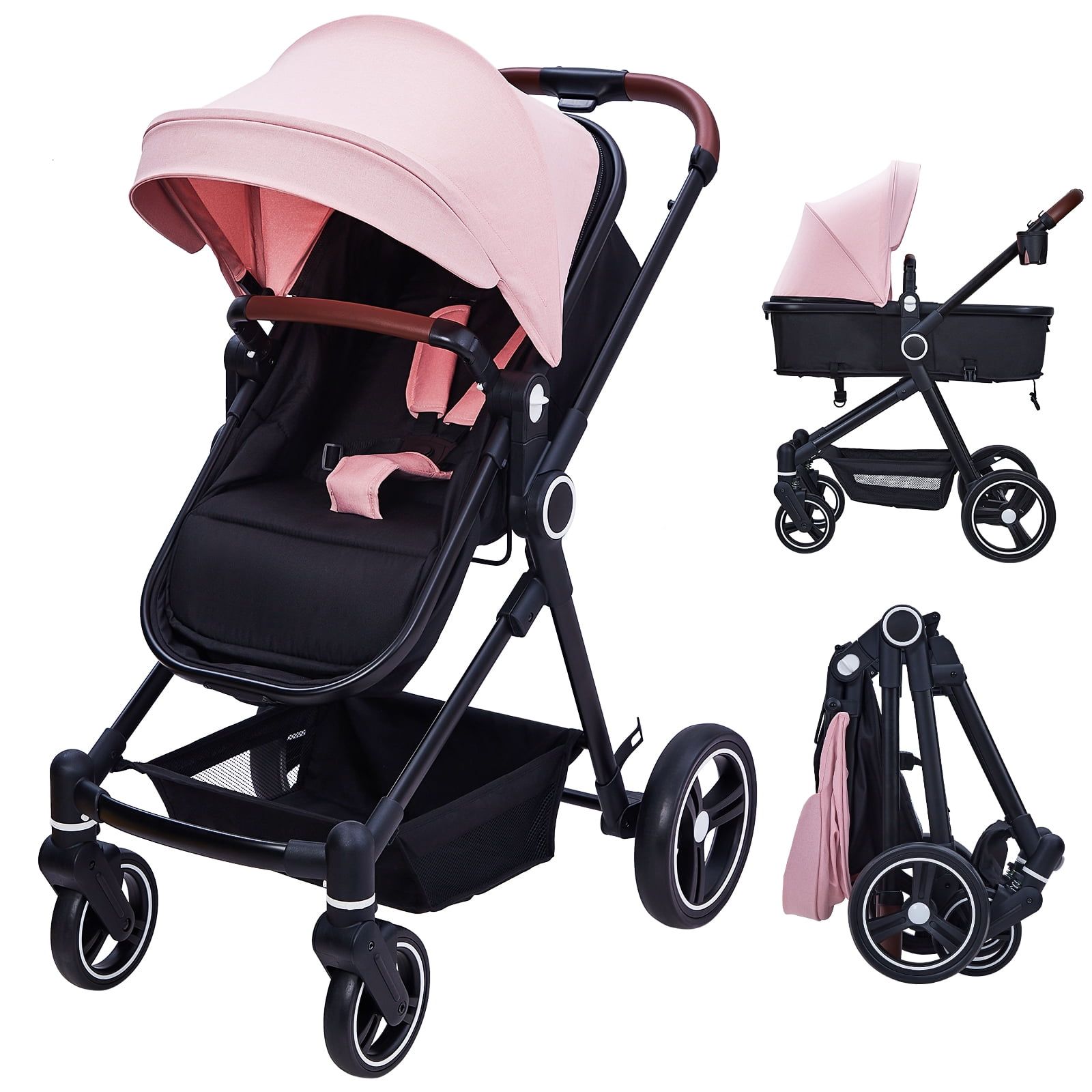 Pink Aluminum Convertible Bassinet Baby Stroller with Storage