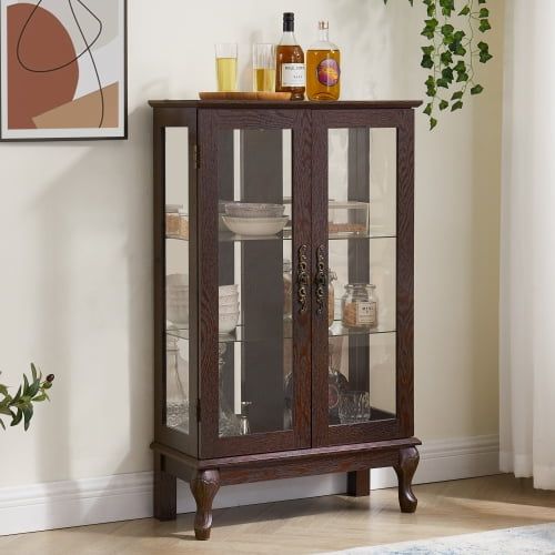 Brown Lighted Curio Cabinet with Tempered Glass Doors