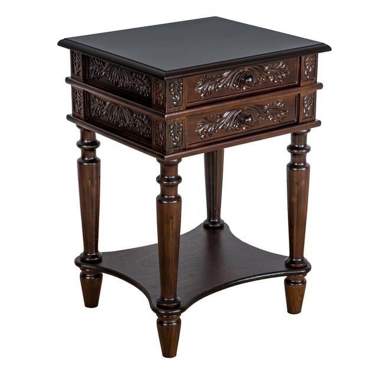 Dark Brown Birchwood Rectangular End Table with Carvings and Storage