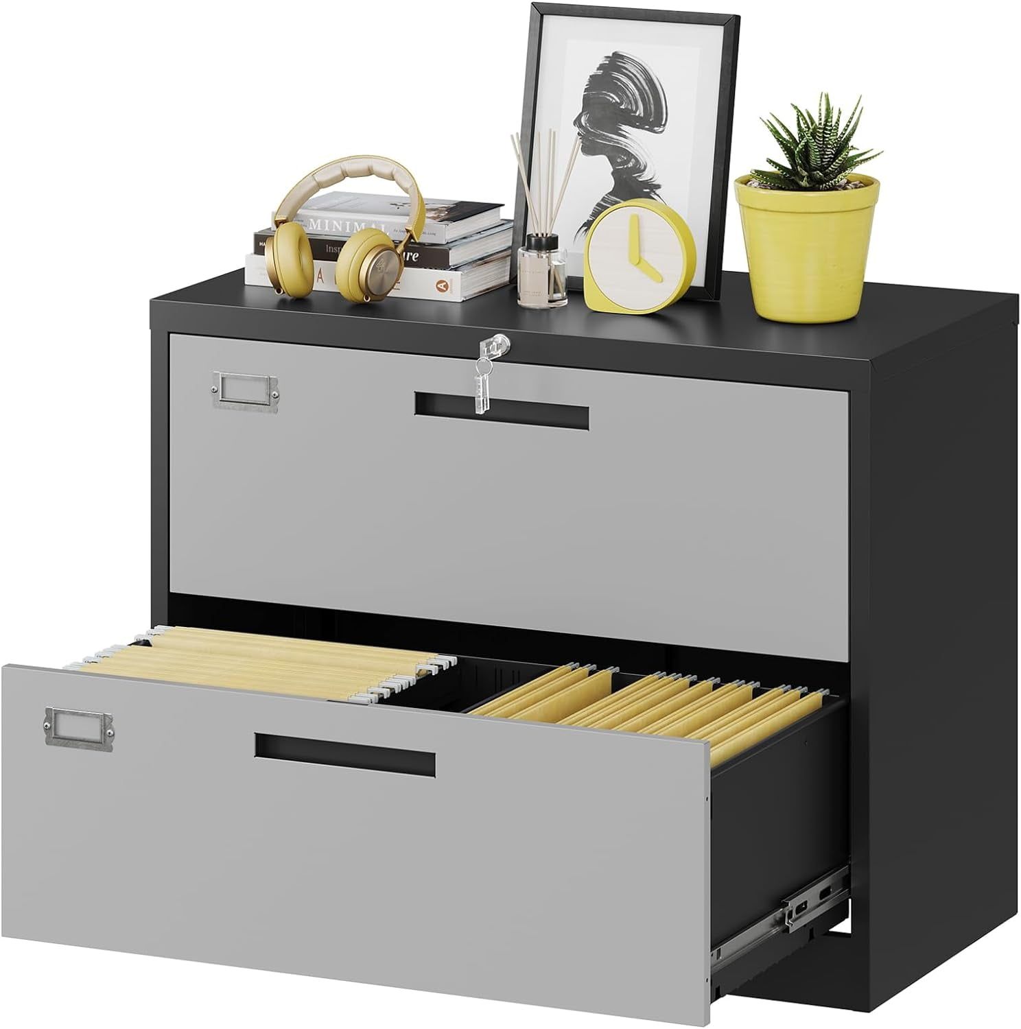 Black and Gray Metal 2-Drawer Lockable Lateral File Cabinet