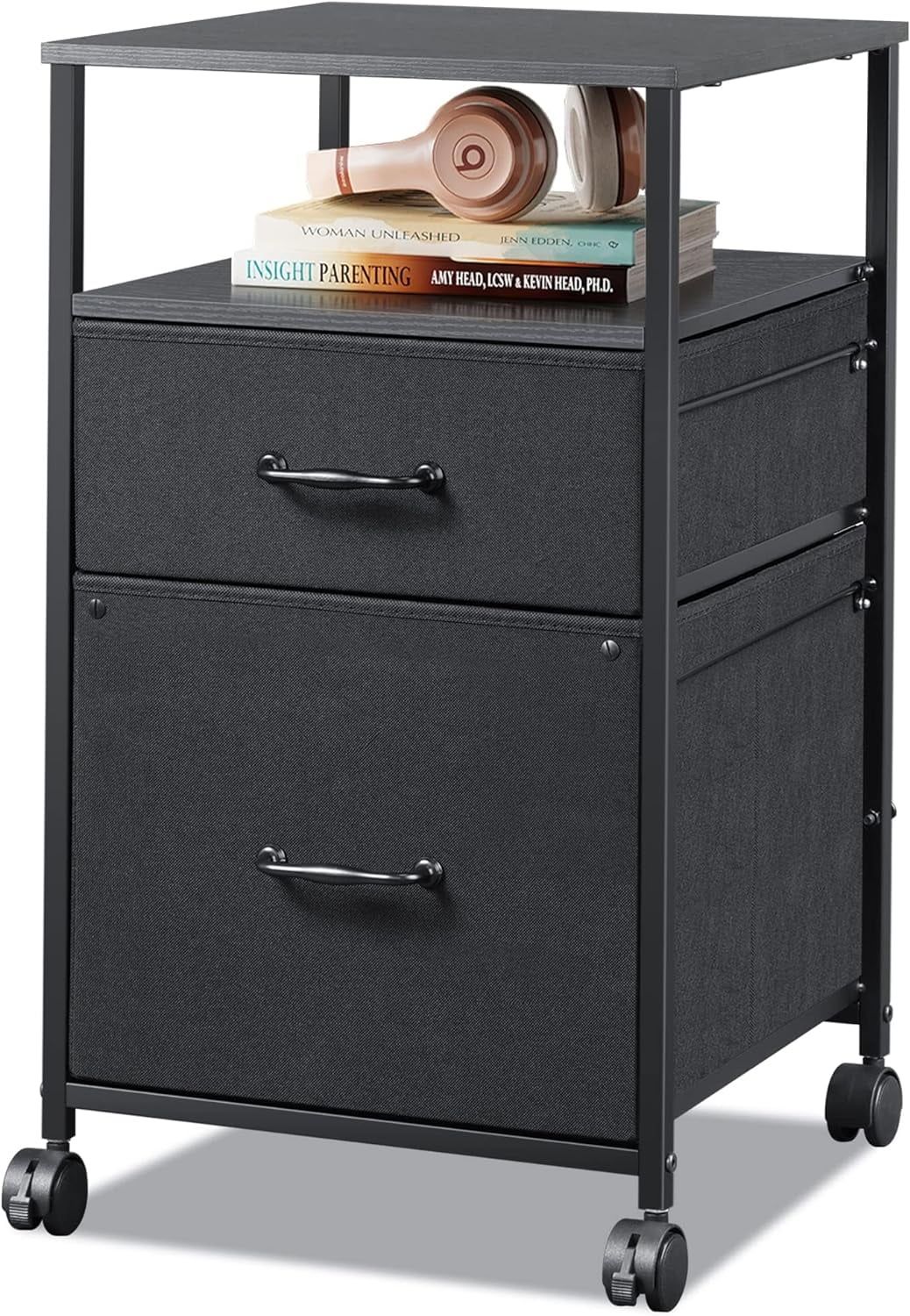 Black Fabric and Steel 2-Drawer Mobile File Cabinet with Shelf