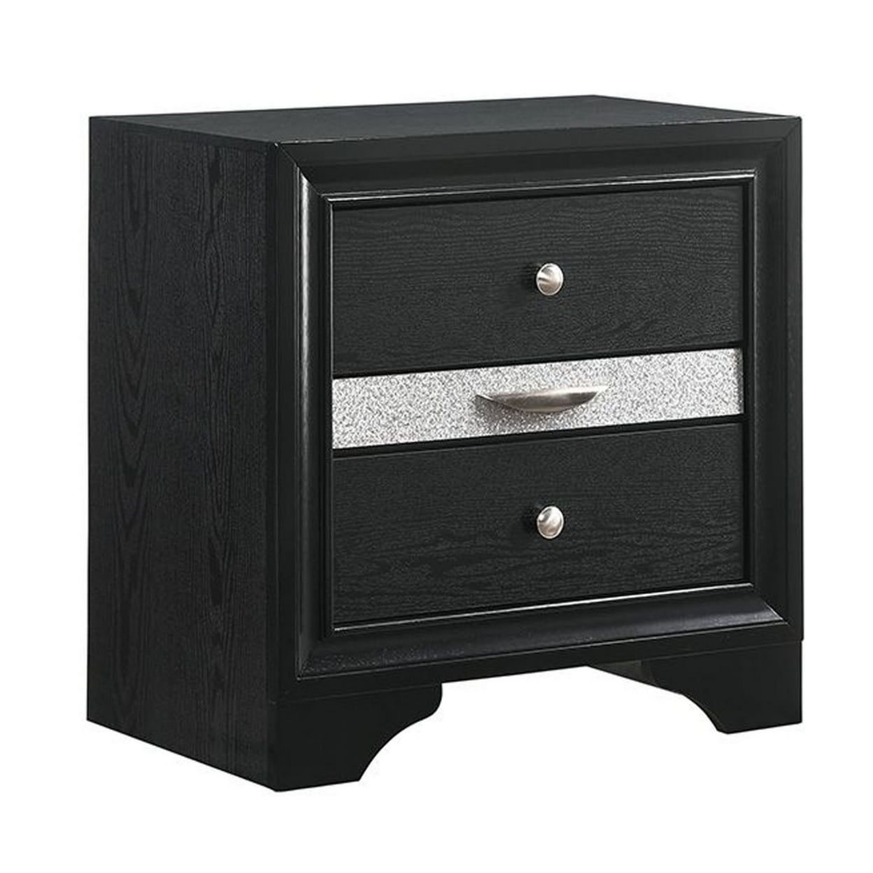 Elegant Black Solid Wood Nightstand with Faux Diamond Accents