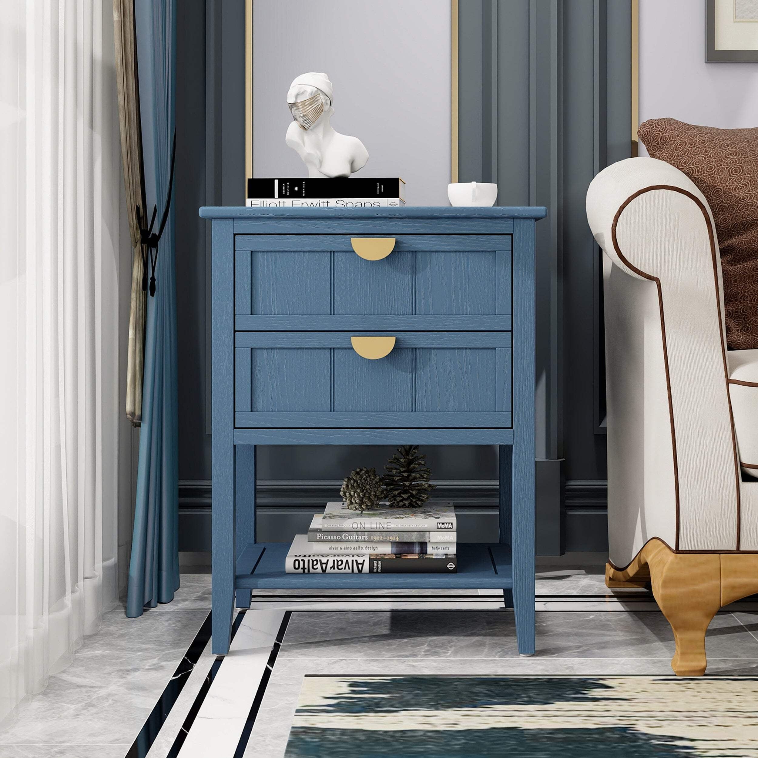 Blue MDF 2-Drawer Side Table with Storage Shelf