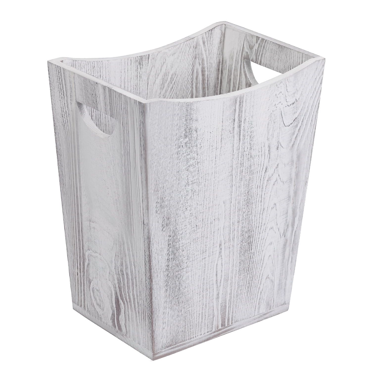 Gray-White Rectangular Wood Trash Can with Double Handles