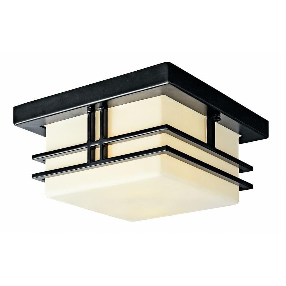 Black and Opal Glass 2-Light Outdoor Flush Mount Ceiling Fixture