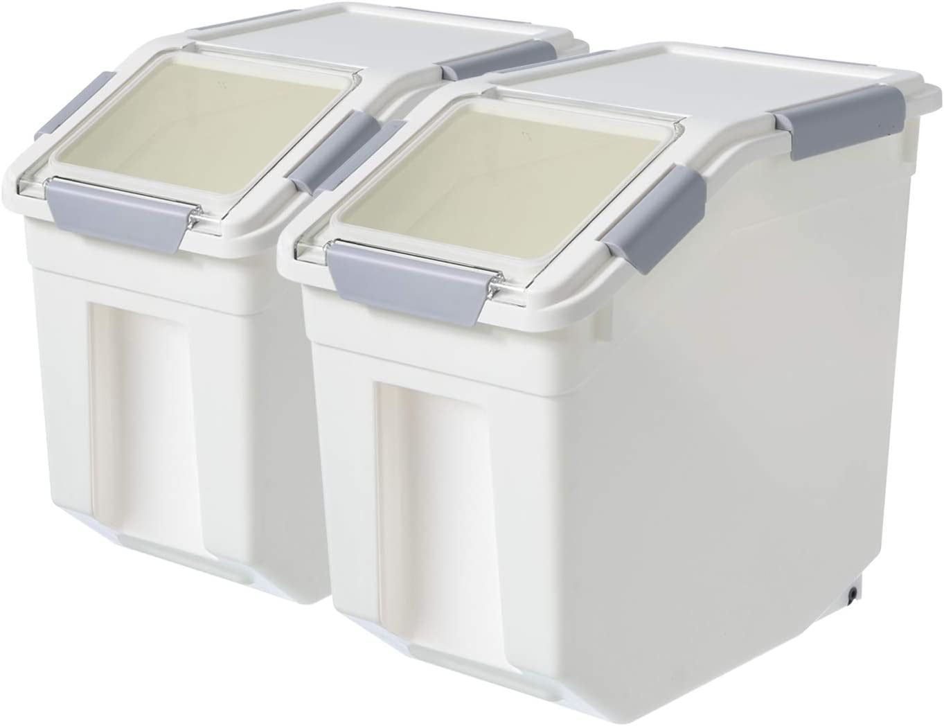 Large White Plastic Airtight Dog Food Storage Containers with Scoop, 25 LB (2 Pack)