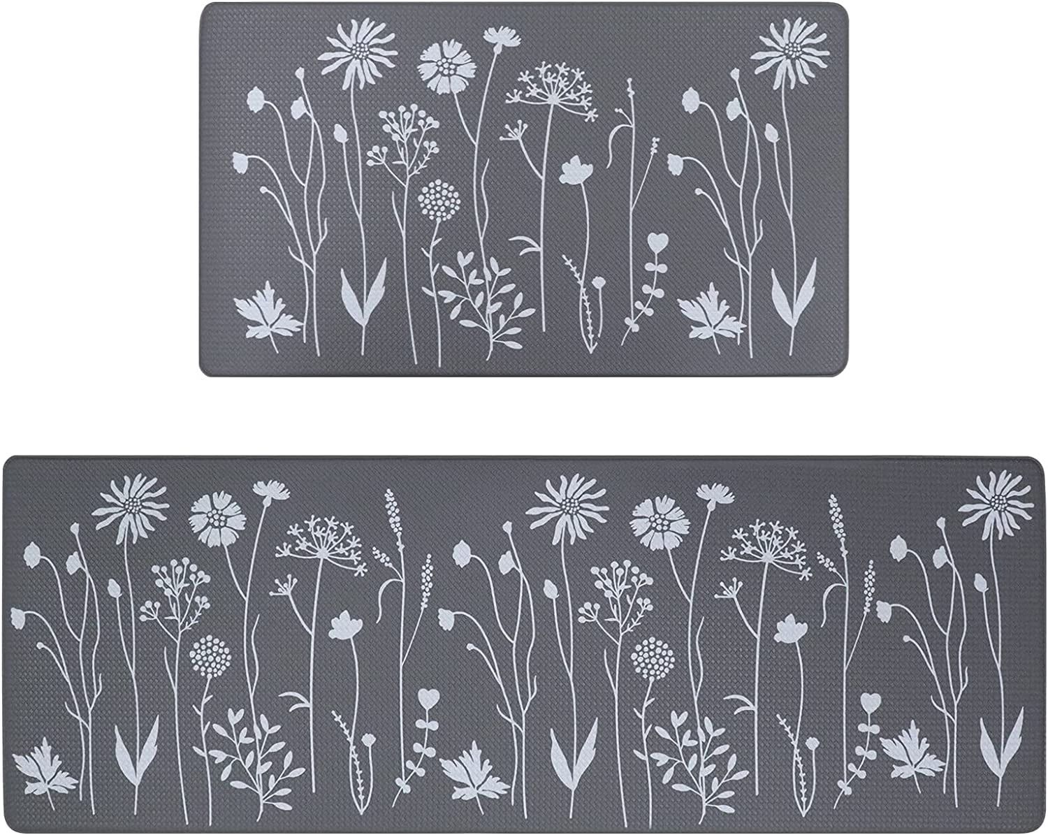 Gray Floral Anti-Fatigue Non-Slip Rectangular Kitchen Mat Set