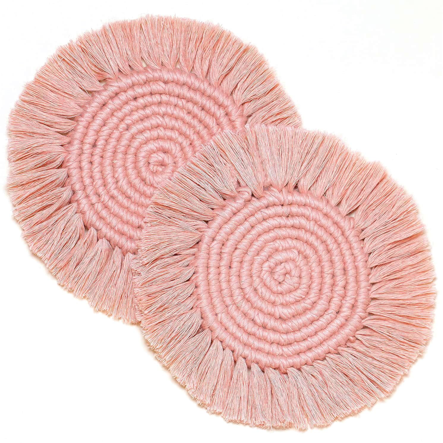 Pink Round Cotton Macrame Boho Coasters with Tassels, 7-inch, Set of 2