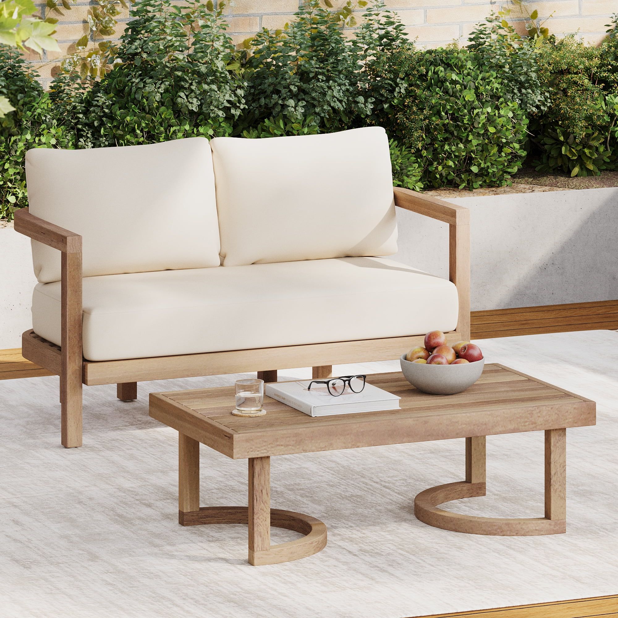 Beige Cushioned Acacia Wood 2-Person Patio Seating Group with Coffee Table