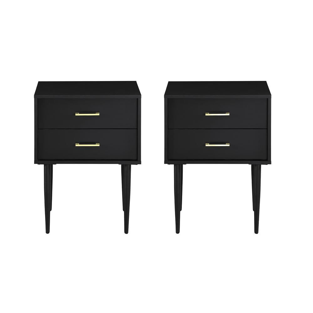 Evie 20" Solid Black Mid-Century Modern 2-Drawer Nightstand Set