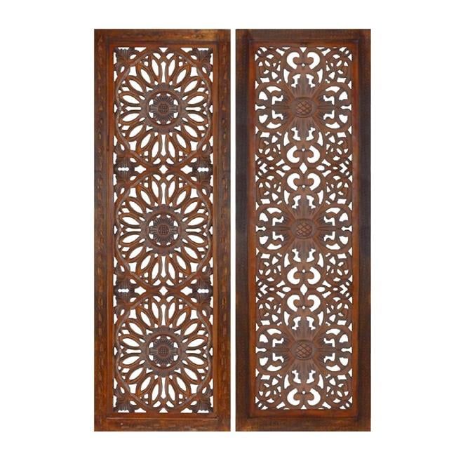 Burnt Brown Mango Wood Wall Panels with Medallion Carving, 16" x 48"