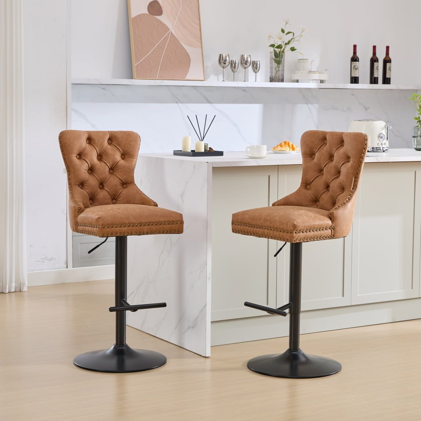 Adjustable Velvet Swivel Bar Stools with Black Metal Base, Set of 2